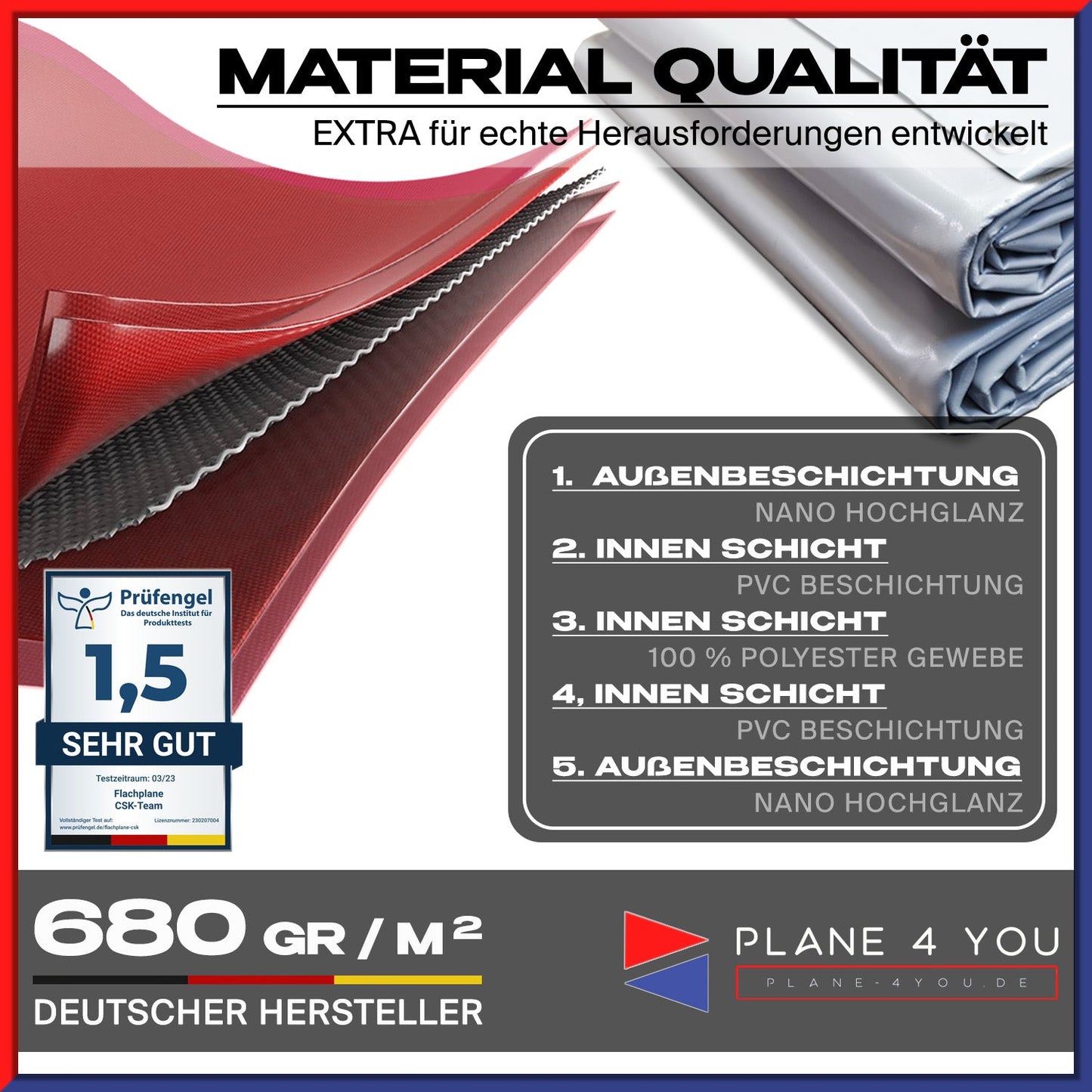 maßgeschneiderte Hochplane, Anhänger Hochplane, Raumwunder Anhänger, wasserdichte Hochplane, PVC-Gewebe 680 g/m², Schleuderverschluss Anhänger, Riemen und Schnallen Verschluss, Metallgestell Anhänger, Werbehochplane, Anhänger Schutz, langlebige Hochplane, Made in Germany Anhängerplane, Transportraum Anhänger