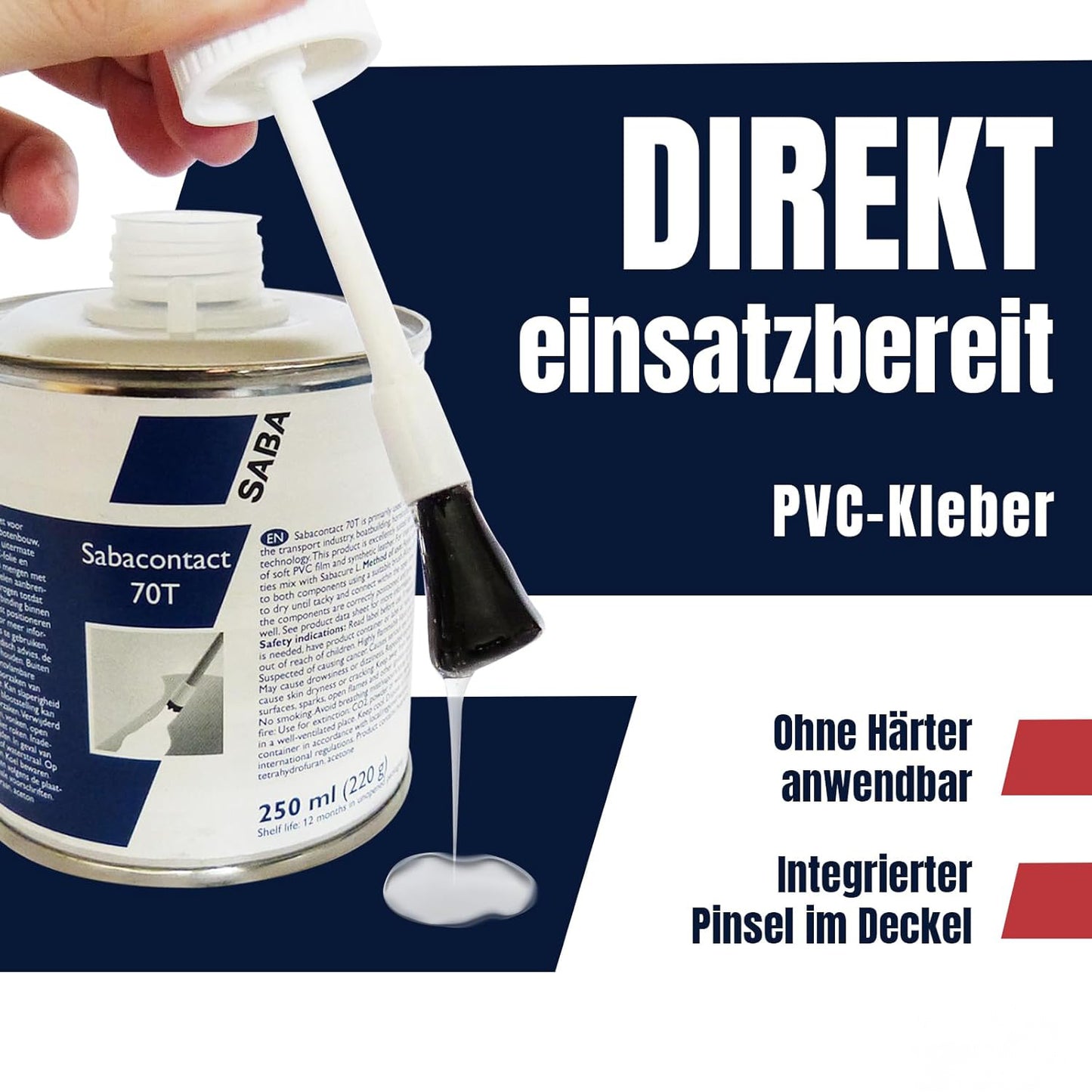 abacontact 70T PVC-Kleber, wasserfester PVC-Kleber, Planenkleber 250 ml, Kleber für Teichfolien, Kleber mit Flicken, PVC-Kleber wetterfest, Kleber für Schlauchboote, LKW-Planen Reparatur, Sabacontact 250 ml, Planenkleber Set, Planen Reparaturkleber.